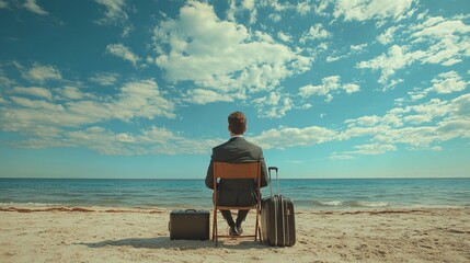 A suited businessman relaxes on a beach chair, a suitcase at his side, looking out over the sea as the summer vacation concludes and he anticipates returning to work.