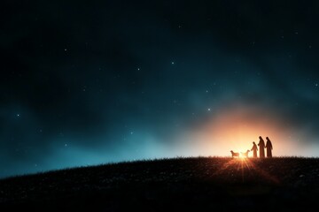 Wall Mural - A group of people and animals are gathered on a hillside at night