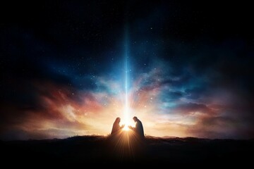 Wall Mural - a couple is sitting on a hillside with a bright light shining on them