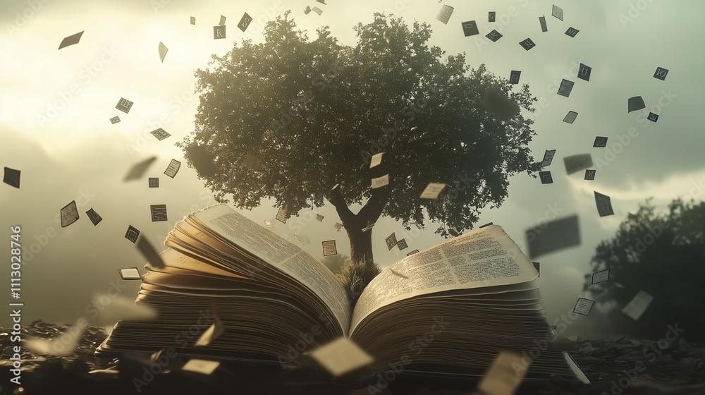 oak tree growing from an open book and letters flying from the pages ...