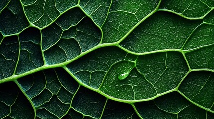 Tropical leaf macro shot, intense green textures and intricate details, veins illuminated by soft sunlight, creating a natural texture background