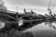 Salamanca Skyline view with Cathedral and Enrique Estevan Bridge on Tormes River, Spain
