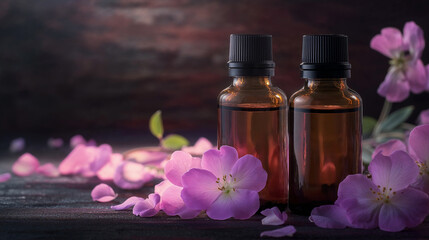 Two bottles of aromatherapy essential oil with pink rose flowers