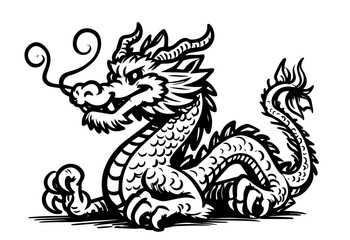 Wall Mural - mythical asian dragon design in monochrome black vector drawing