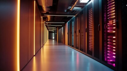 Poster - Brightly lit server hallway in a modern data center with colorful lighting and high-tech equipment