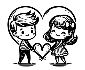 Wall Mural - Romantic couple holding heart – hand-drawn Valentine's black vector