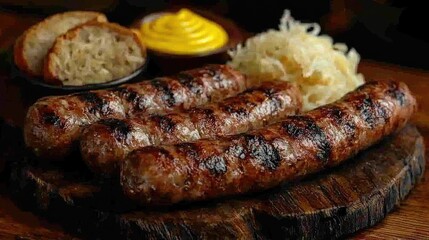 Wall Mural - Grilled sausages served on wooden board with sauerkraut, mustard and bread