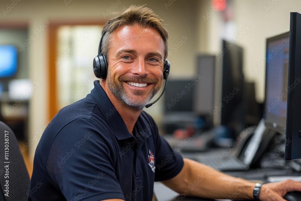 British Dispatch Computer Smiling dispatcher wearing headset working at computer in dispatch ...