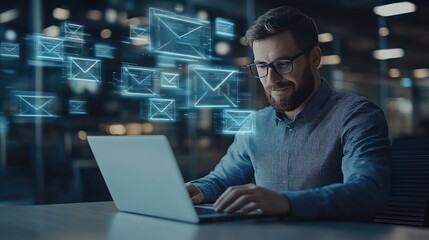 Poster - Hands are typing rapidly on a laptop while email icons and flying envelopes illustrate fast online communication in a digital workspace