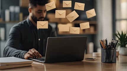 Poster - Hands are typing rapidly on a laptop while email icons and flying envelopes illustrate fast online communication in a digital workspace