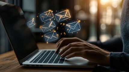 Poster - Hands are typing rapidly on a laptop while email icons and flying envelopes illustrate fast online communication in a digital workspace