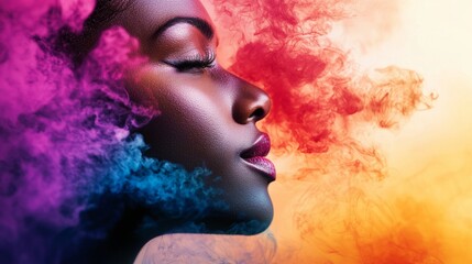 Canvas Print - Profile of a woman surrounded by vibrant colored smoke