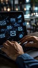 Poster - Hands are typing rapidly on a laptop while email icons and flying envelopes illustrate fast online communication in a digital workspace