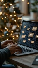 Poster - Hands are typing rapidly on a laptop while email icons and flying envelopes illustrate fast online communication in a digital workspace