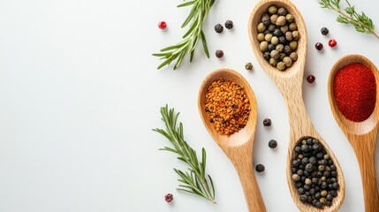 Canvas Print - Assorted spices in wooden spoons with rosemary sprigs