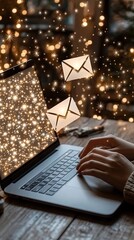 Poster - Business woman uses a laptop to compose an email, featuring an envelope icon, set against a dark backdrop adorned with lights