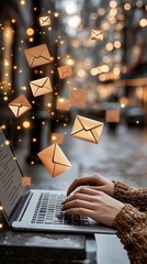 Poster - Business woman uses a laptop to compose an email, featuring an envelope icon, set against a dark backdrop adorned with lights
