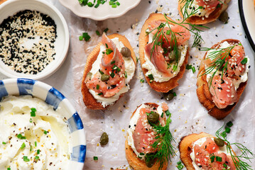 Wall Mural - Baguette Crostini with Cream Cheese and Pink Pacific Salmon..style hugge