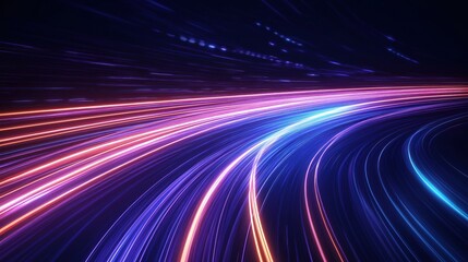 Aufkleber - Abstract tech illustration shows fast moving light trails in curves. Bright glowing lines blend in vibrant colors like pink blue, purple. Dynamic tech concept for futuristic background design.