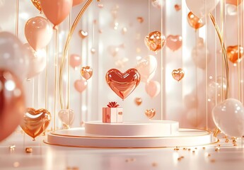 Poster - 3D rendering of a Valentine's Day background with a podium, a heart-shaped gift box, and flying balloons on a pink pastel color background