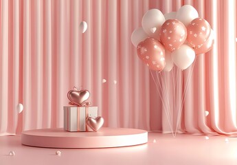 Poster - 3D rendering of a Valentine's Day background with a podium, a heart-shaped gift box, and flying balloons on a pink pastel color background