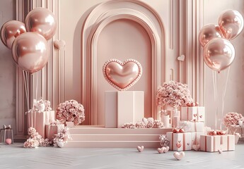Poster - 3D rendering of a Valentine's Day background with a podium, a heart-shaped gift box, and flying balloons on a pink pastel color background