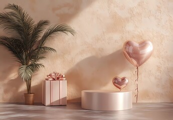 Poster - 3D rendering of a Valentine's Day background with a podium, heart-shaped gift box, and balloon in a pastel pink color for product display presentation mock-up