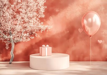 Poster - 3D rendering of a Valentine's Day background with a podium, heart-shaped gift box, and balloon in a pastel pink color for product display presentation mock-up