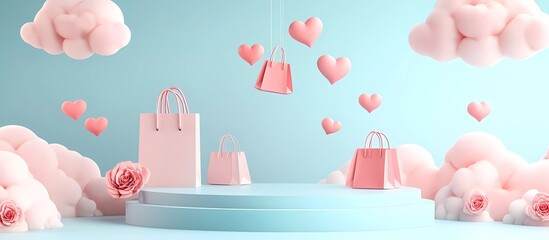 Poster - Vector banner design with a podium, heart-shaped clouds, and shopping bags flying around on a blue background, in pastel colors, flat lay,