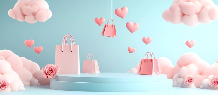 Vector banner design with a podium, heart-shaped clouds, and shopping bags flying around on a blue background, in pastel colors, flat lay,
