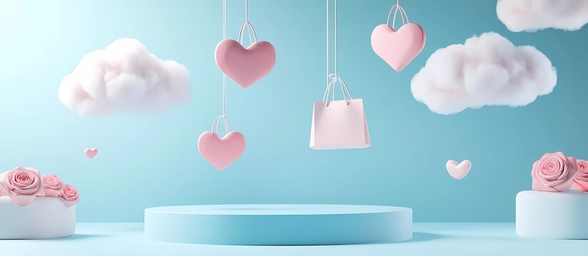 Vector banner design with a podium, heart-shaped clouds, and shopping bags flying around on a blue background, in pastel colors, flat lay,