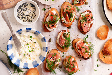 Wall Mural - Baguette Crostini with Cream Cheese and Pink Pacific Salmon..style hugge