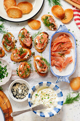 Wall Mural - Baguette Crostini with Cream Cheese and Pink Pacific Salmon..style hugge