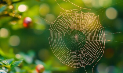 A macro photograph of a spiders web highlighting the similarities between the structure of a web and the interconnectedness of particles in the fabric of the universe.