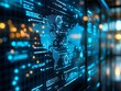 © Mister - Close-up image of a high-tech data center or control room with multiple digital screens displaying real-time monitoring data, possibly global connectivity or network traffic The lighting is low for