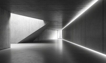 Abstract empty, modern concrete walls room with indirect ceiling light at back and sloped wall on left - industrial interior background template