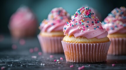 Wall Mural - Pink frosted cupcakes with colorful sprinkles