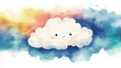 © Pete - Cute white cloud with happy expression floats in colorful watercolor sky. Soft colors create dreamy, joyful mood. Perfect for kids decor, children books, whimsical designs. Illustration style cute,