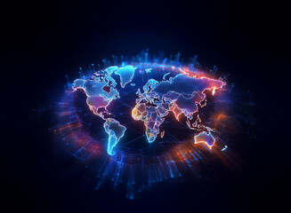 Poster - A glowing, digital world map pulsates with vibrant blue and red energy lines, symbolizing global connectivity and data flow.