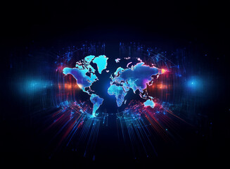 Poster - A glowing digital world map encased in a vibrant, interconnected network of light trails and nodes, symbolizing global connectivity and technological advancement.
