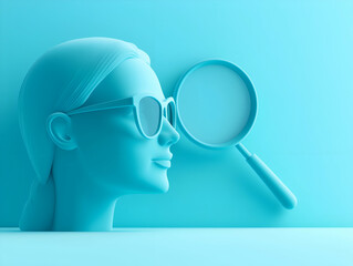 Poster - A minimalist blue sculpture depicts a woman in sunglasses beside a magnifying glass, symbolizing clarity and observation.