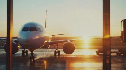 Poster - Passenger airplane is parked at the gate on the tarmac at sunrise, awaiting passengers and preparing for departure from the airport