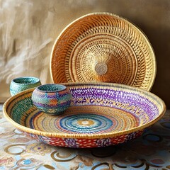 Decorative straw bowl set. Colorful painted dishes, baskets. Unique handcrafted items. Stylish home decor. Display beautiful ceramic bowls. Handmade crafts. Elegant aesthetic. Display art. Hand-woven