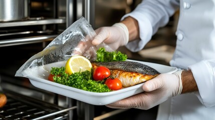 Wall Mural - Close-up view of a woman's hand using an oven mitt to take a flavorful baked fish topped with herbs from a modern oven