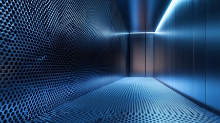 Poster - An abstract scene features blue and black light patterns on a sleek, metallic background, evoking tranquility.