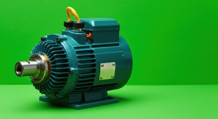 Industrial blue electric motor with green background, side view