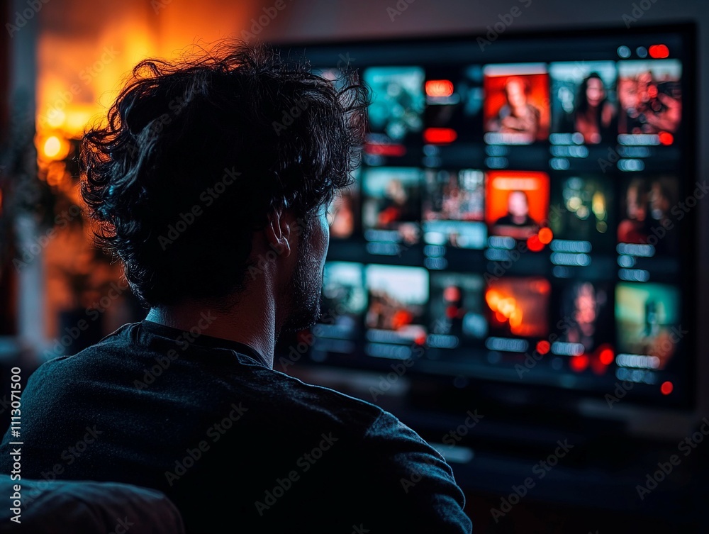 A male person is seen intensely focusing on a computer monitor ...