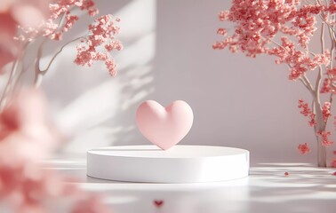 Poster - 3D rendering of a Valentine's Day podium background with a pink heart shape and empty space for product presentation.