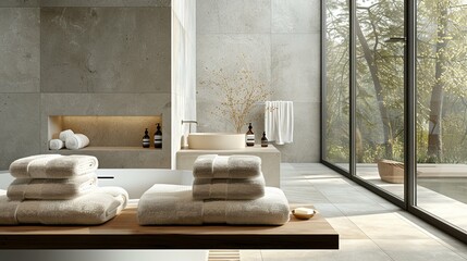 Wall Mural - Luxurious Modern Bathroom with Neutral Tones and Natural Light