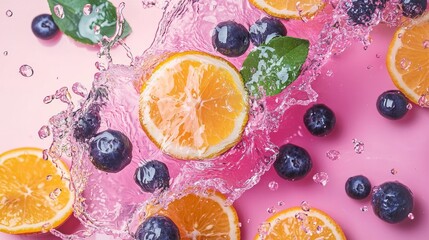 Poster - Splashing citrus and blueberries on a pink background